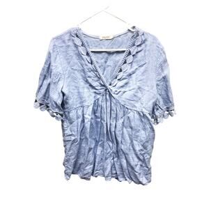 Spazio Chic Made in Italy Blue 100% Linen Lace Trim Top Size M